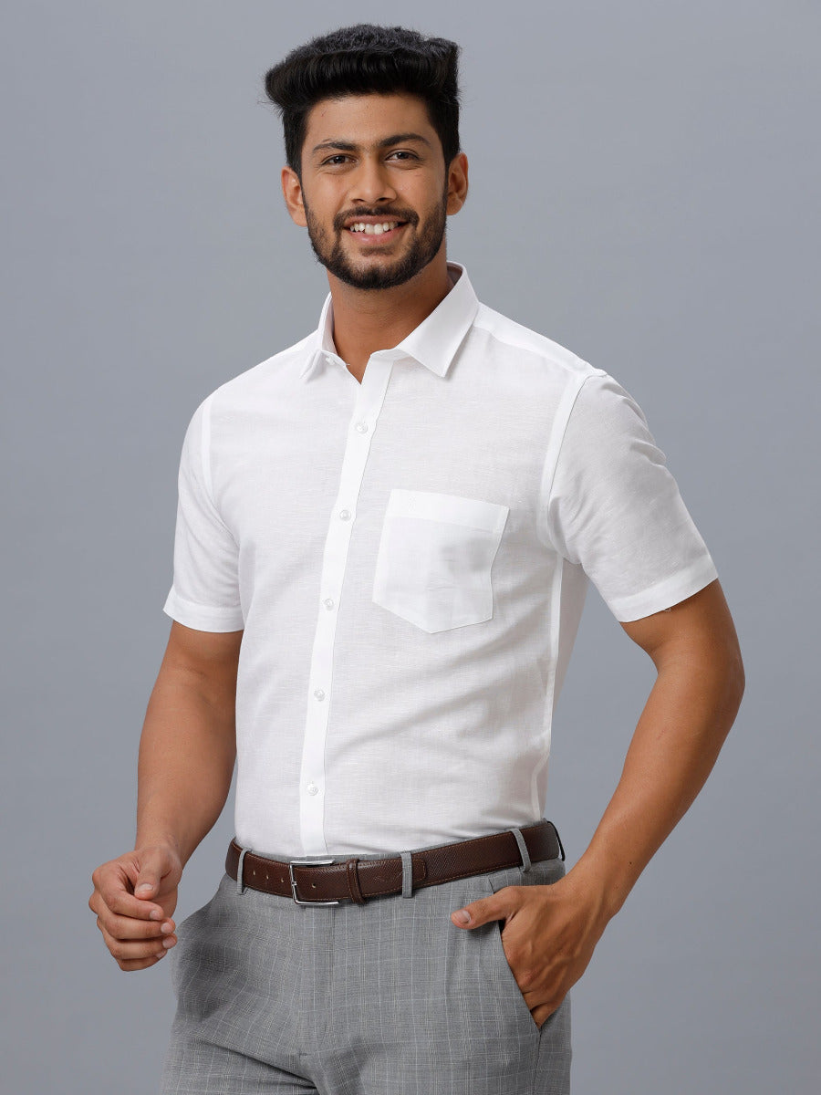 Mens Linen Cotton 7447 White Half Sleeves Shirt-Front view