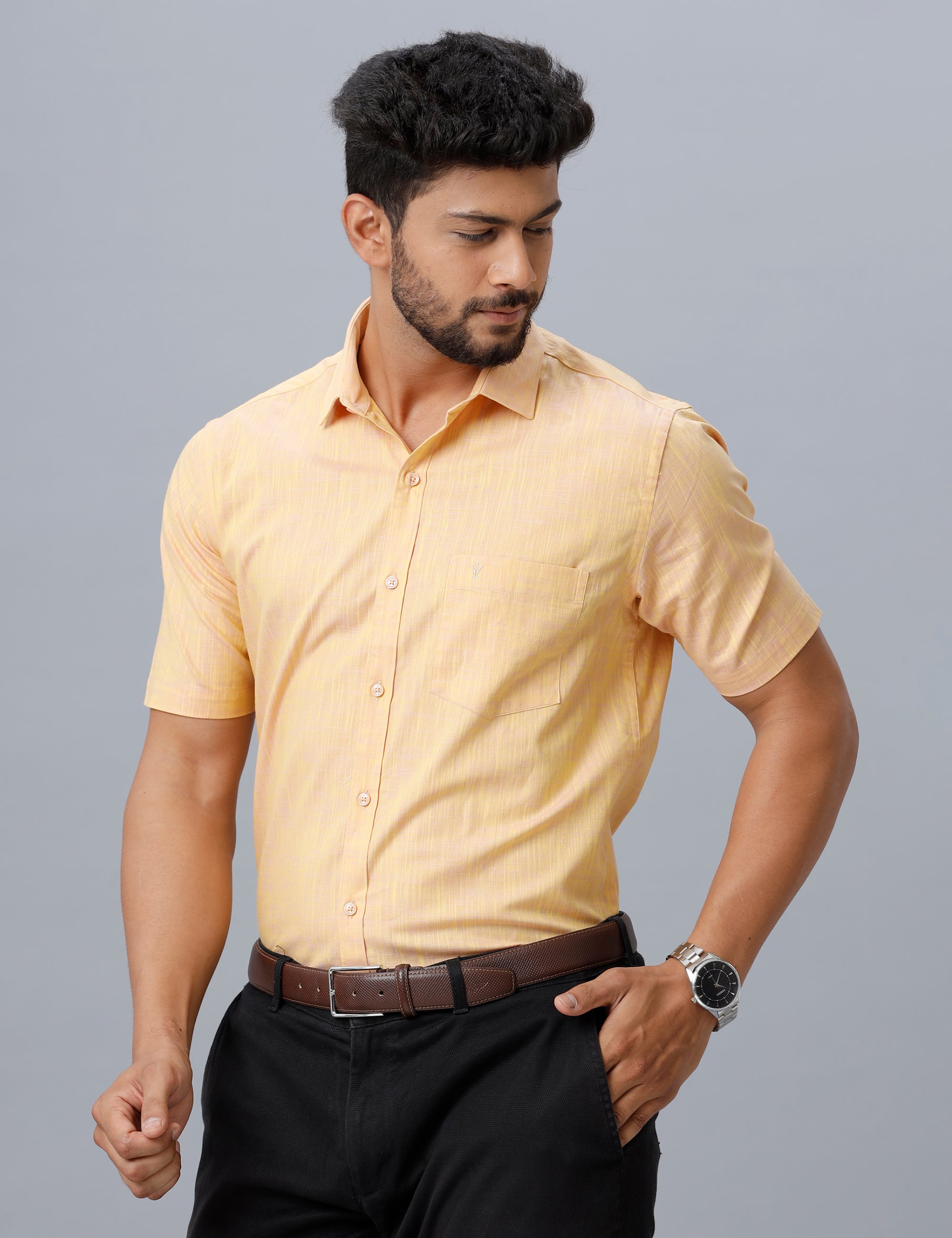 Mens Formal Shirt Half Sleeves Light Orange CL2 GT16-Front view
