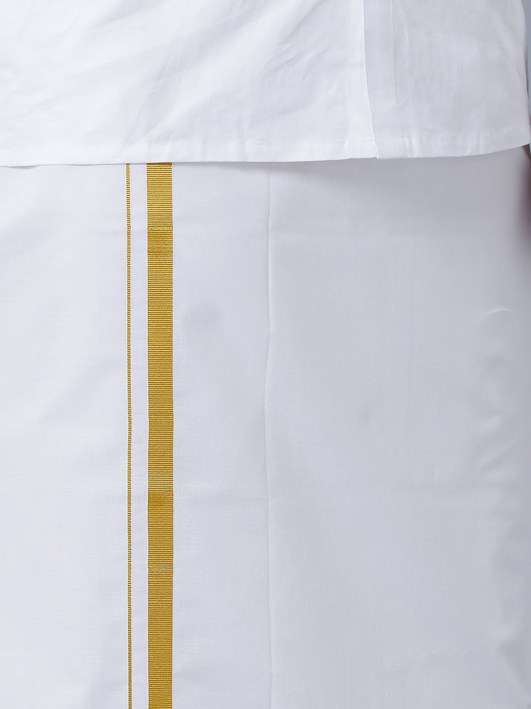 Mens Wrinkle Free White Full Sleeves Shirt with 3/4''Jari Double Dhoti+Towel Combo-Bottom view