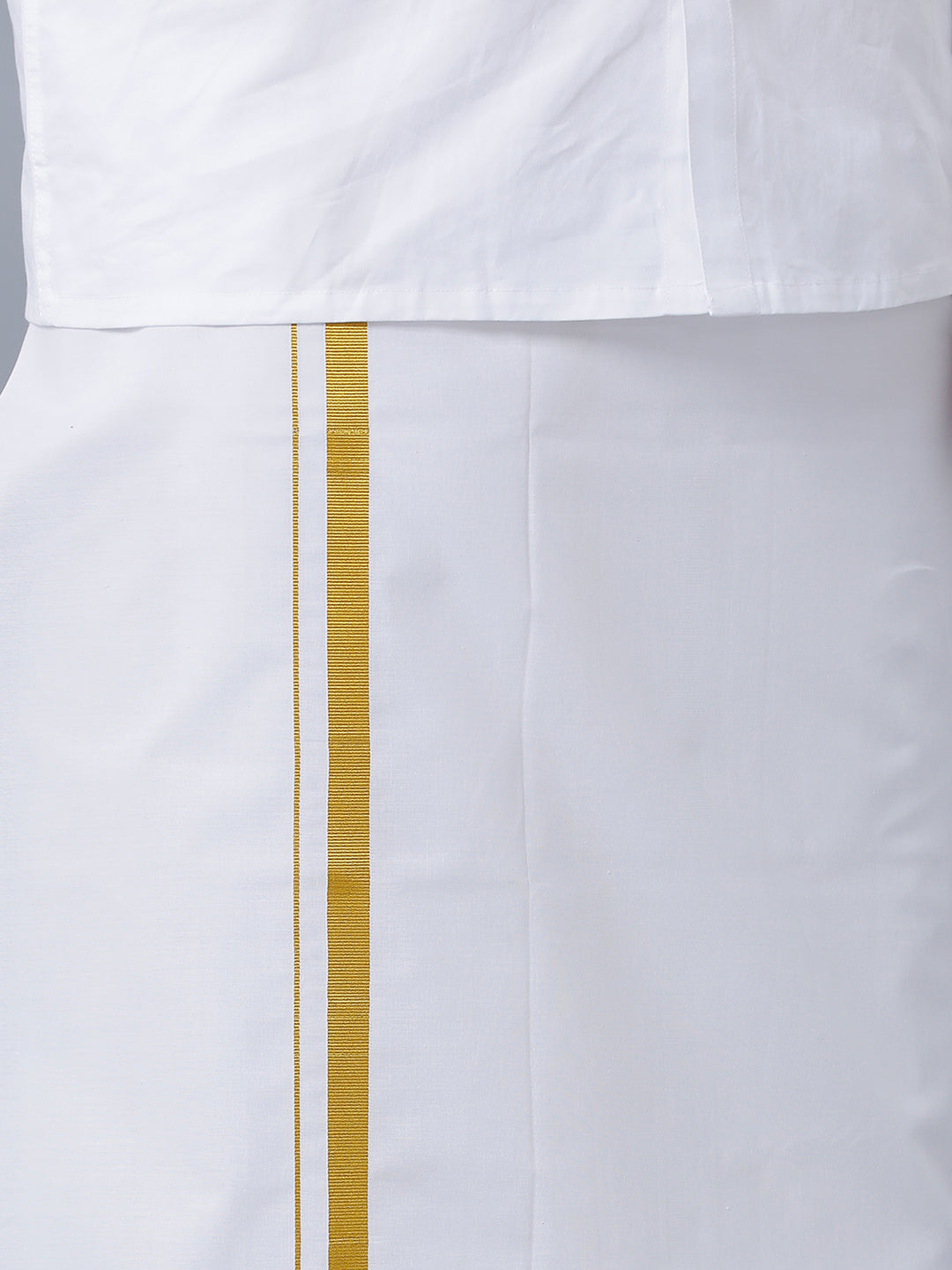 Mens Wrinkle Free White Full Sleeves Shirt with 3/4'' Gold Jari Single Dhoti Combo-Bottom view
