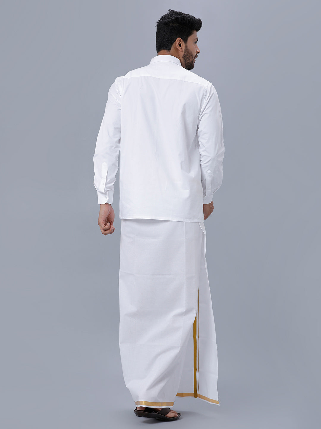 Mens Pure Cotton White Full Sleeves Shirt with 3/4'' Gold Jari Double Dhoti Combo-Back view