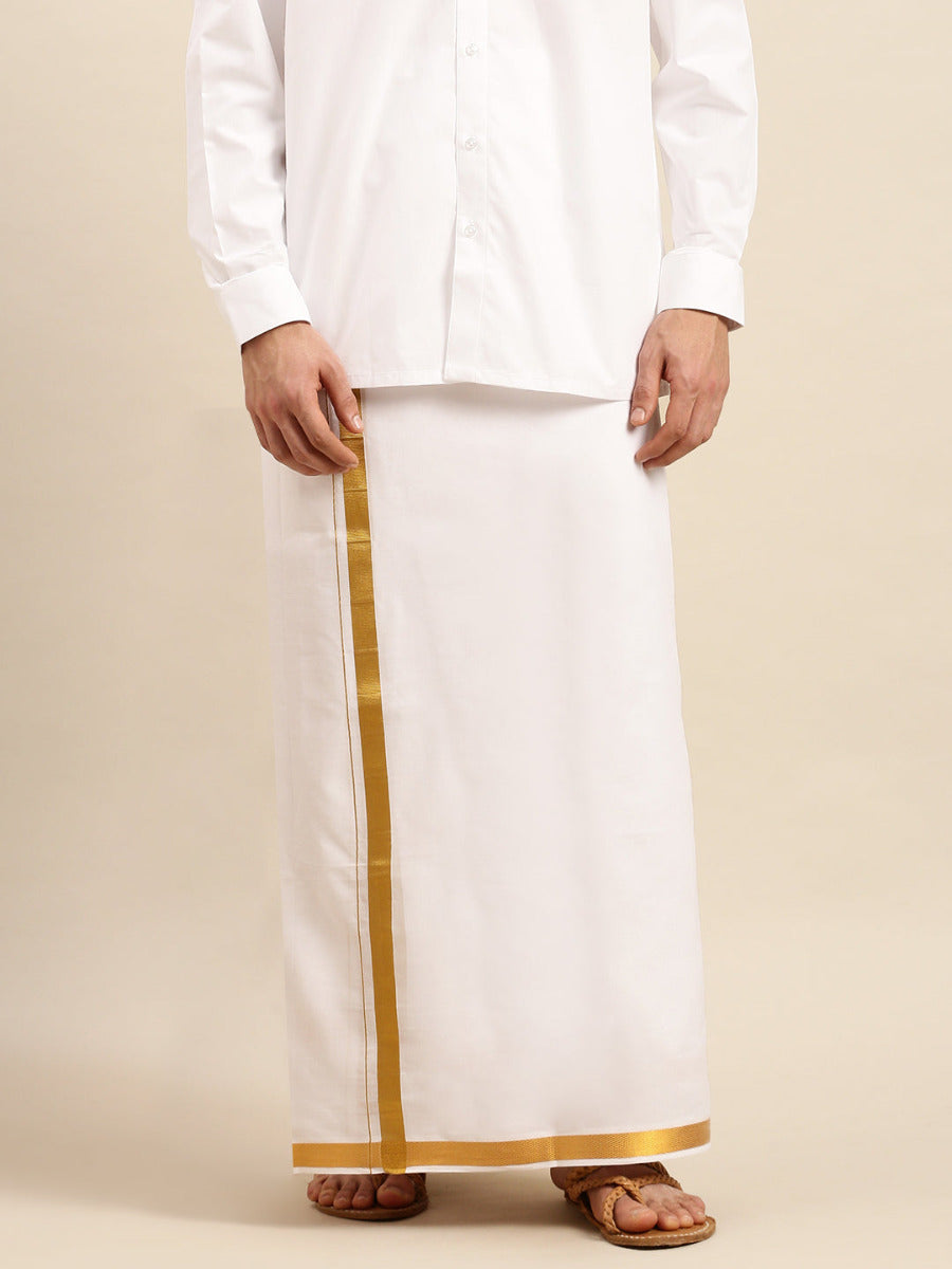 Mens Double Dhoti White with Gold Jari 1" Gold Rose