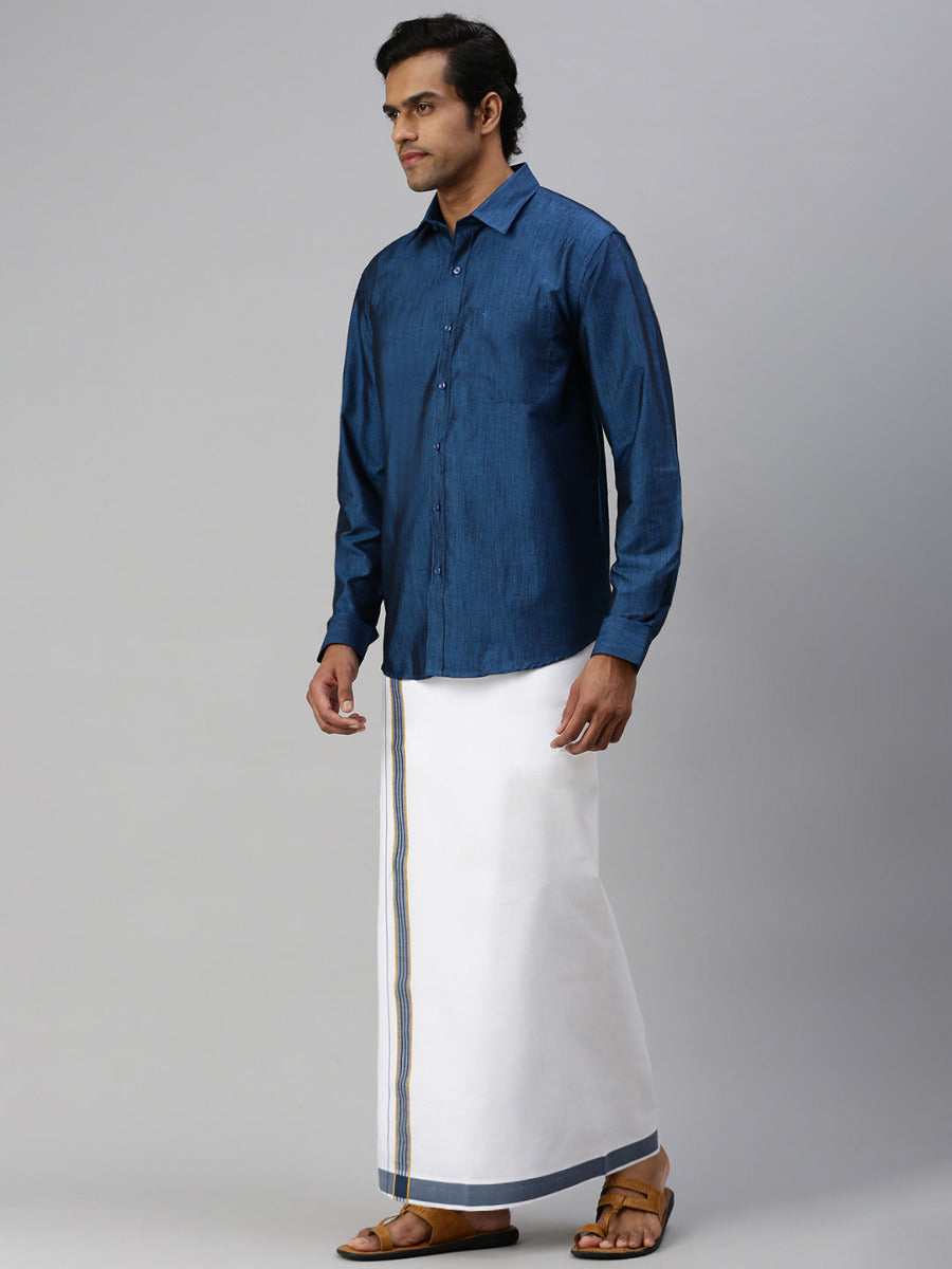 Mens Matching Jari Border Dhoti & Shirt Set Full Sleeve Blue VB9=Side view
