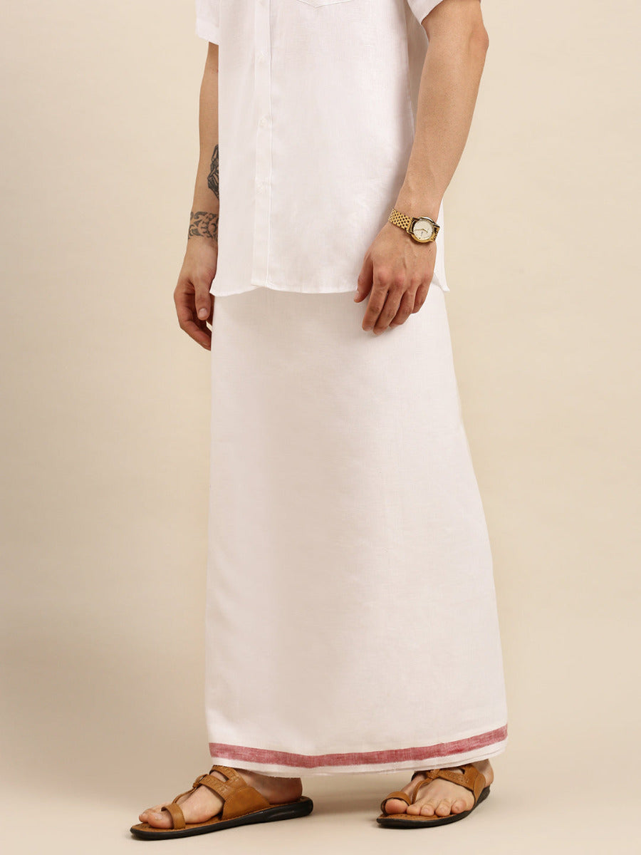 Mens Premium Pure Linen Double Dhoti White 770 Maroon-Side view