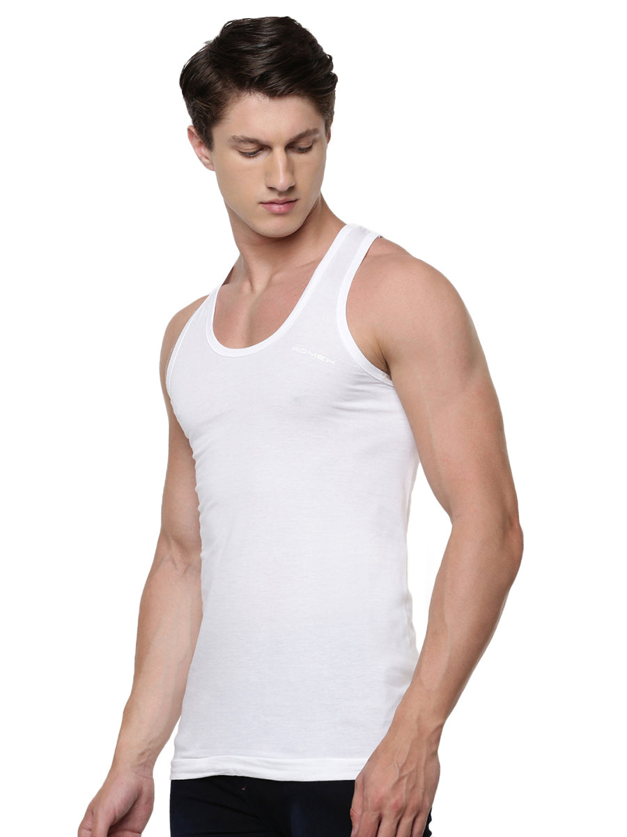 Mens Fine Cotton White Banian RN Romex Value Pack-Side view