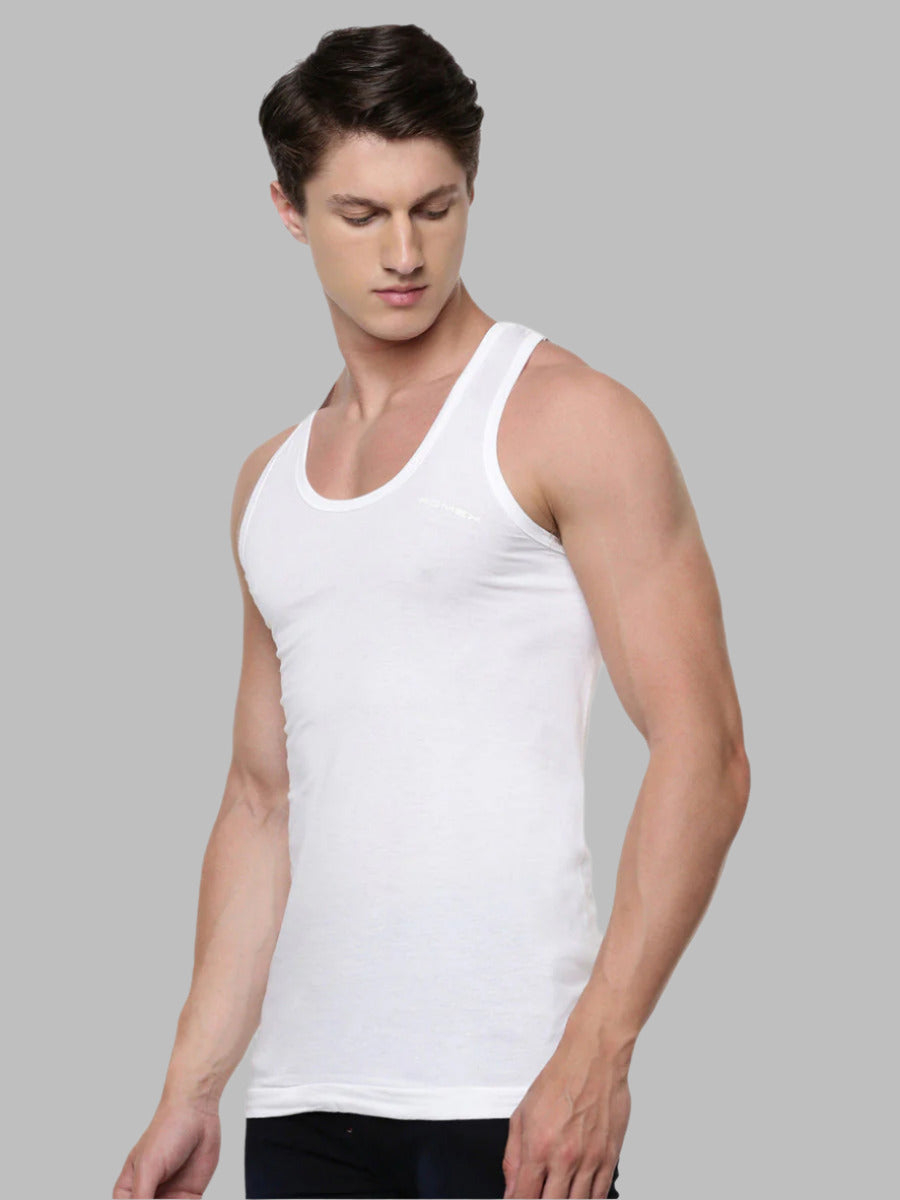 Mens Fine Cotton White Banian RN Romex Value Pack-Side view