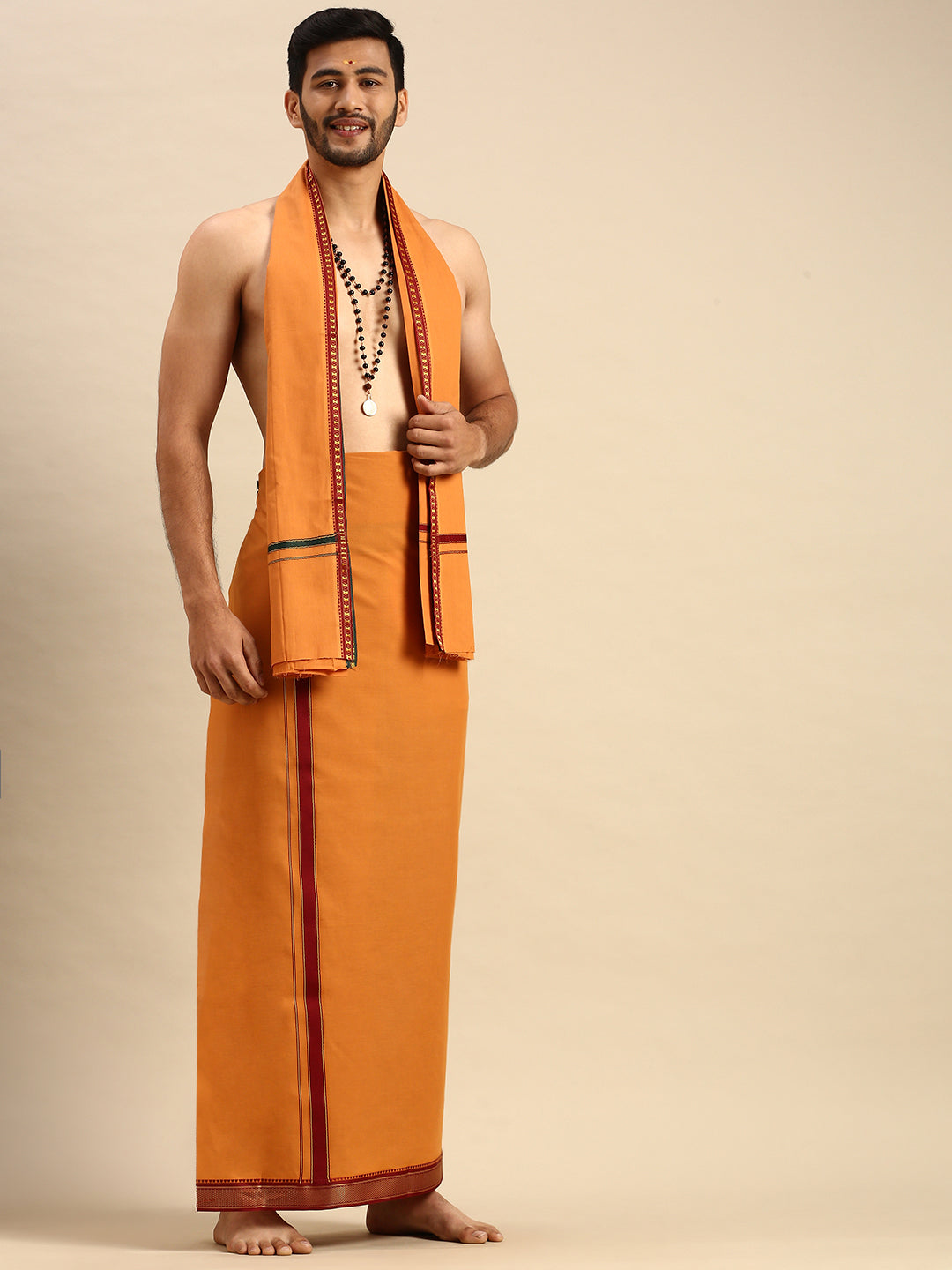 Men 100% Cotton Single Layer Kaavi Dhoti & Towel Set with Mayilkhan Border Brindhavan