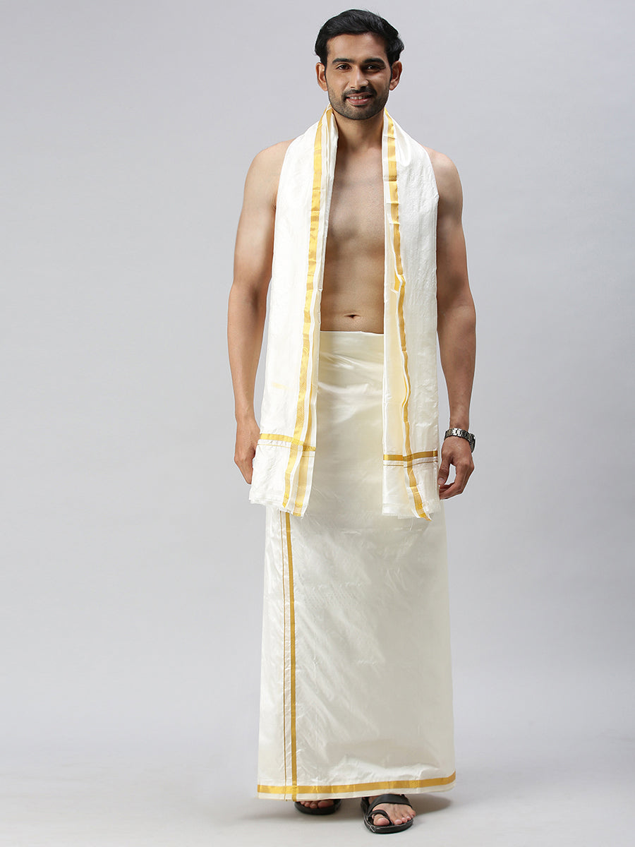 Mens Pure Silk Cream Wedding Set 1/2" Dhoti+Towel+Shirt-Full view