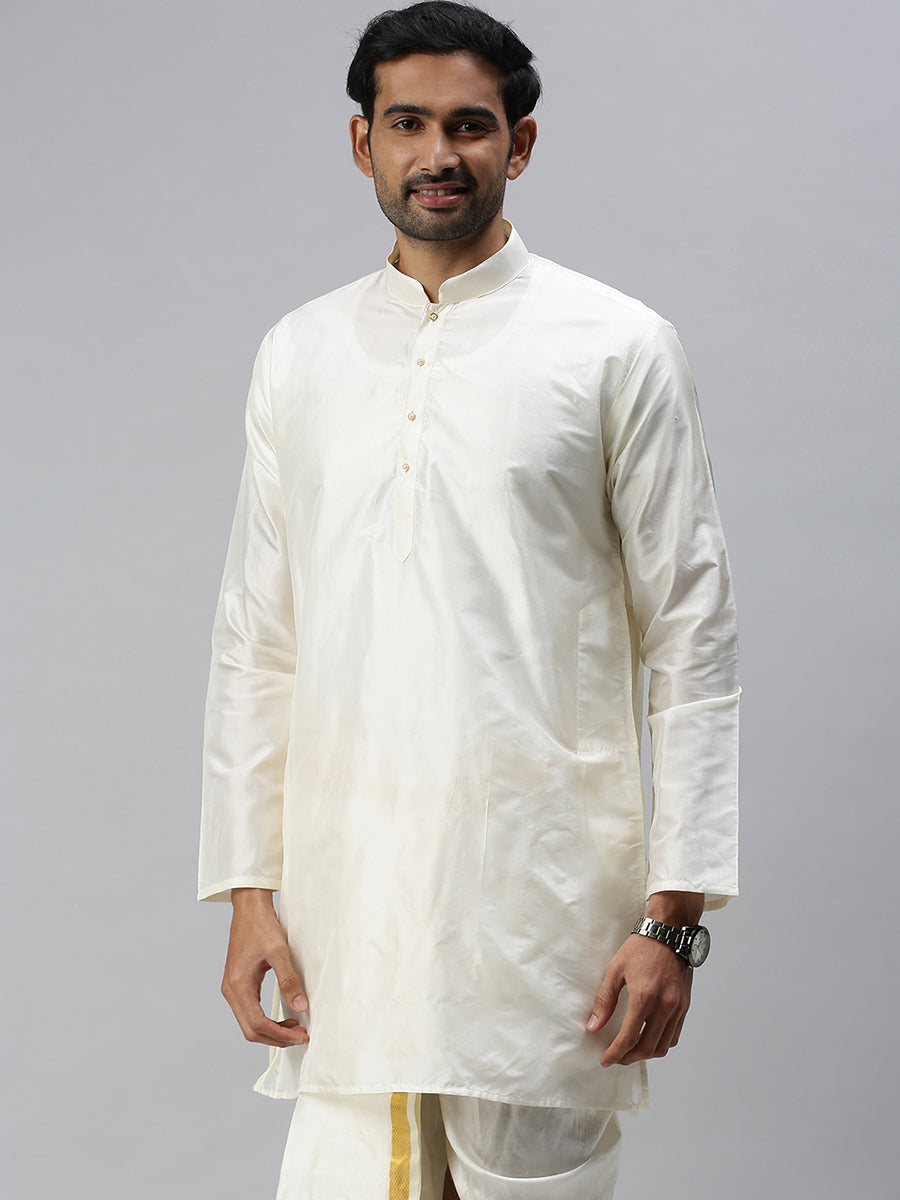 Mens Pure Silk Medium Length Cream Kurta-Front view