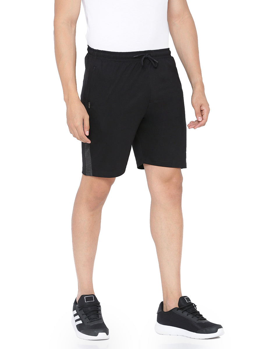 Men's Black Super Combed Cotton Smart Fit One Side Zipper Shorts-Side view