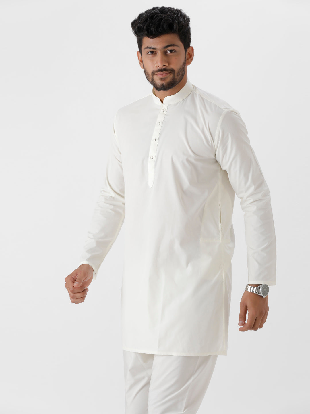 Mens Cream Colour Full Sleeve Medium Length Kurta-side view