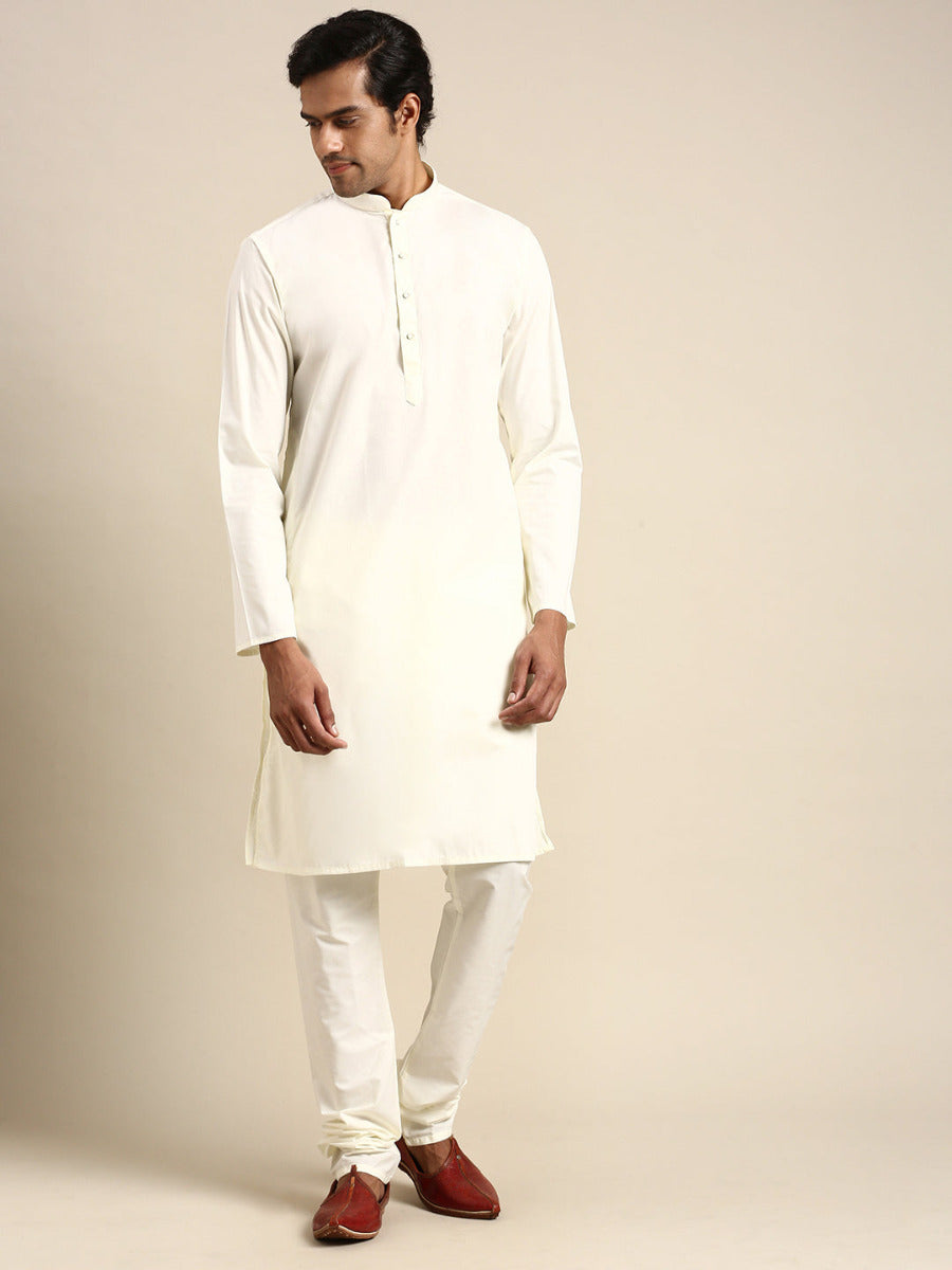Mens Premium Cotton Long Full Sleeves Kurta and Pyjama Set Cream-Front view