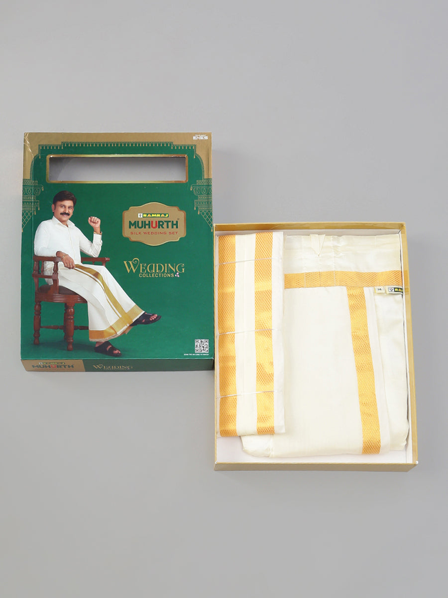 Mens Readymade Silk Panchakacham 3/4" & Towel-Box view