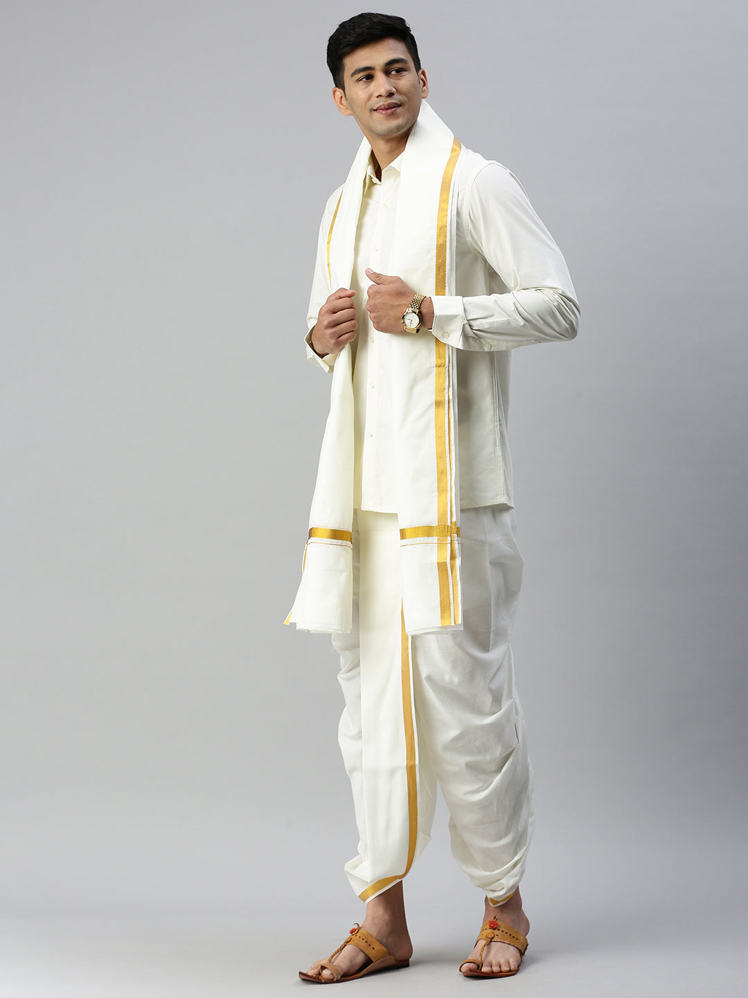 Mens Cream Shirt with Readymade Panchakacham Angavastram Set 3/4" Aashan-Side view