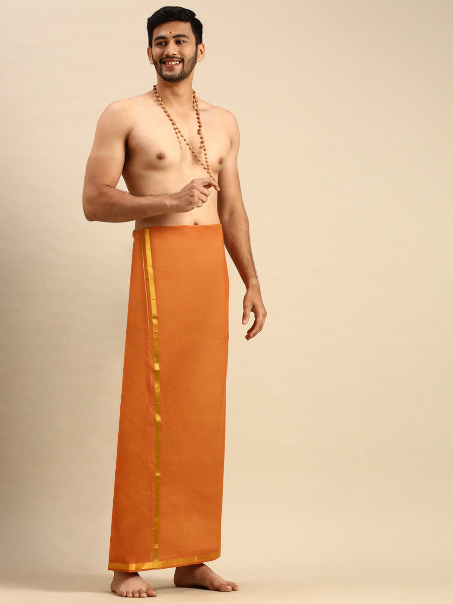 Mens Devotional Color Dhoti with 3/4" Gold Jari Border Cosmic Kavi-Side view