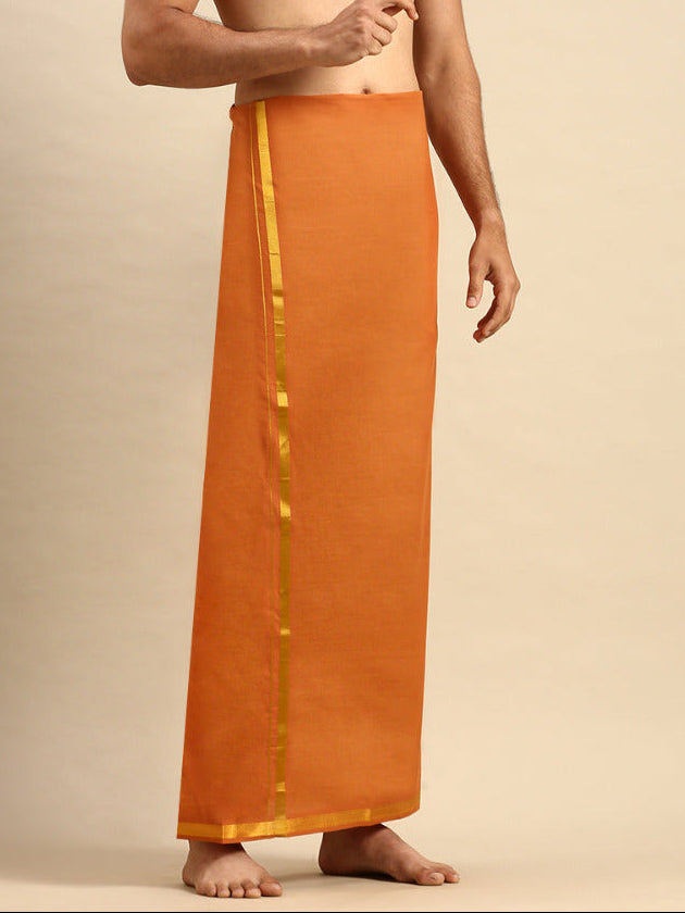 Mens Devotional Color Dhoti with 3/4" Gold Jari Border Cosmic Kavi-Side view