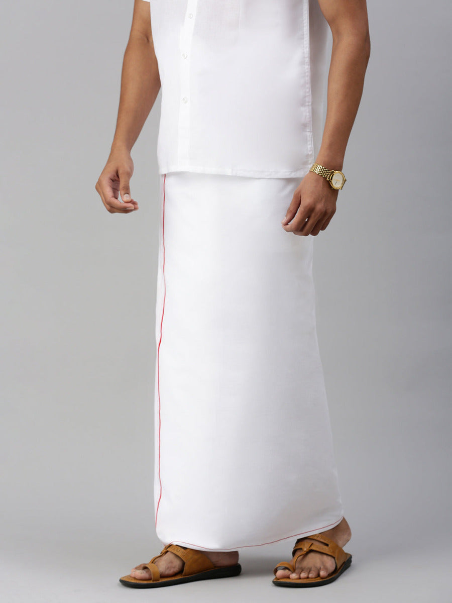 Mens Double Dhoti White with Small Border Gold Premium Red