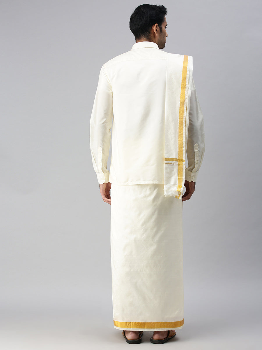 Mens Pure Silk Cream Wedding Set 3/4" Dhoti+Towel+Shirt-Back view