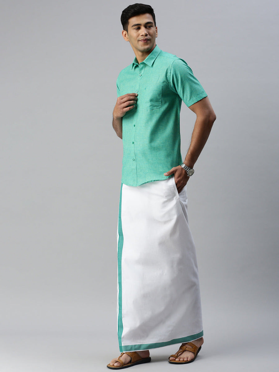 Mens Matching Border Adjustable Dhoti & Half Sleeves Shirt Set Green CC7-Side view
