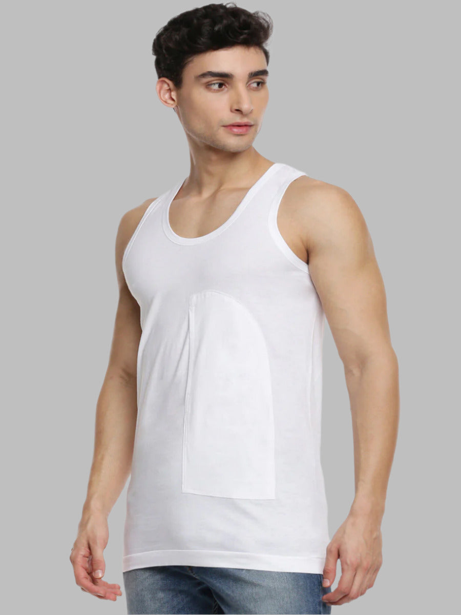 Mens Fine Cotton White Pocket Banian RN Sukra (2 PCs Pack)-Side view