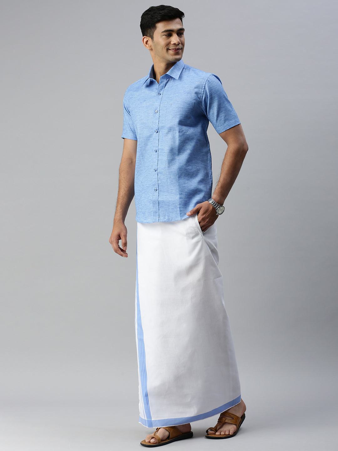 Mens Matching Border Adjustable Dhoti & Half Sleeves Shirt Set Blue CC9-Side view