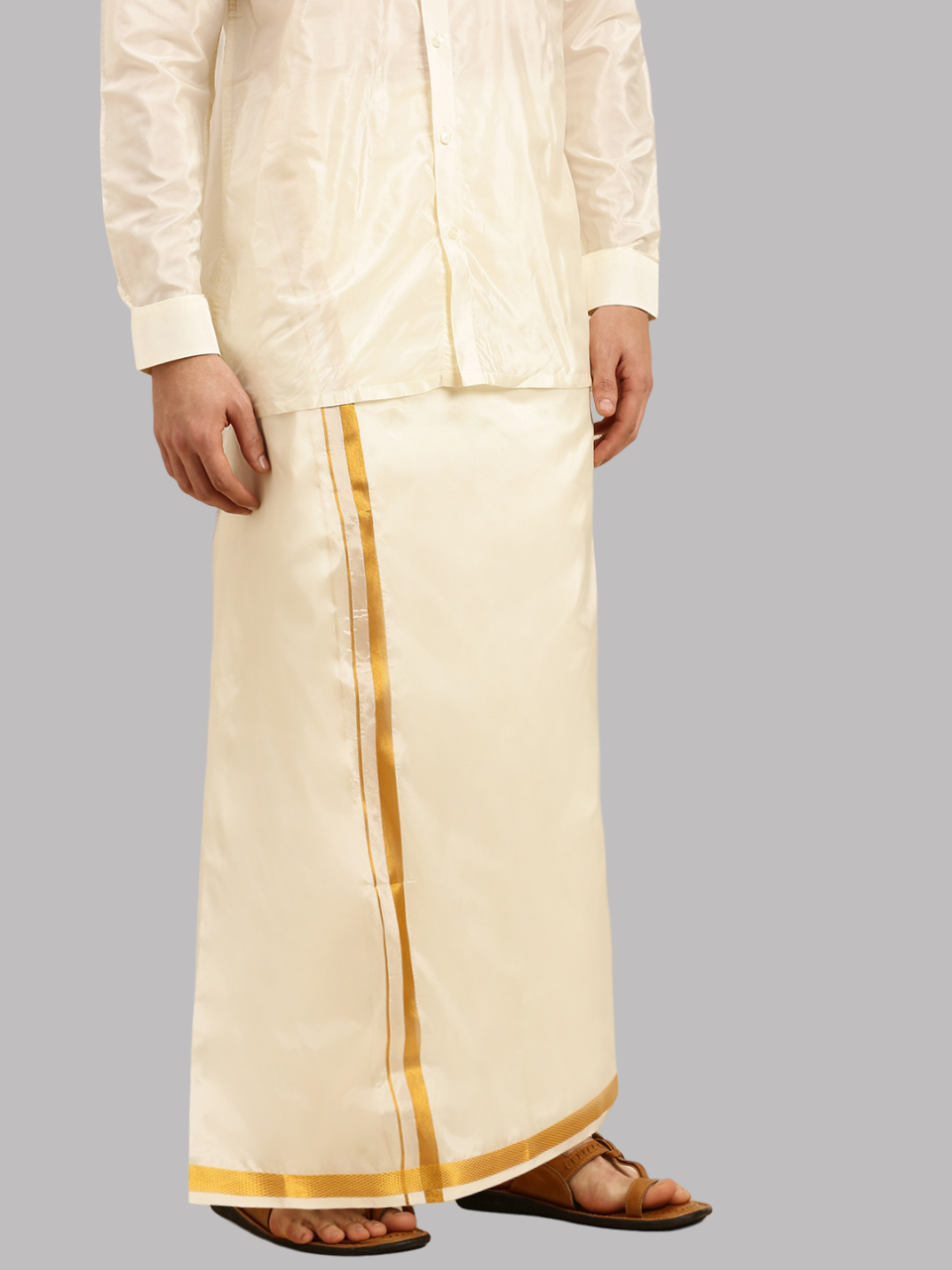 Mens Cream Full Sleeves Shirt with Adjustable Double Dhoti Art Silk Combo-Bottom view