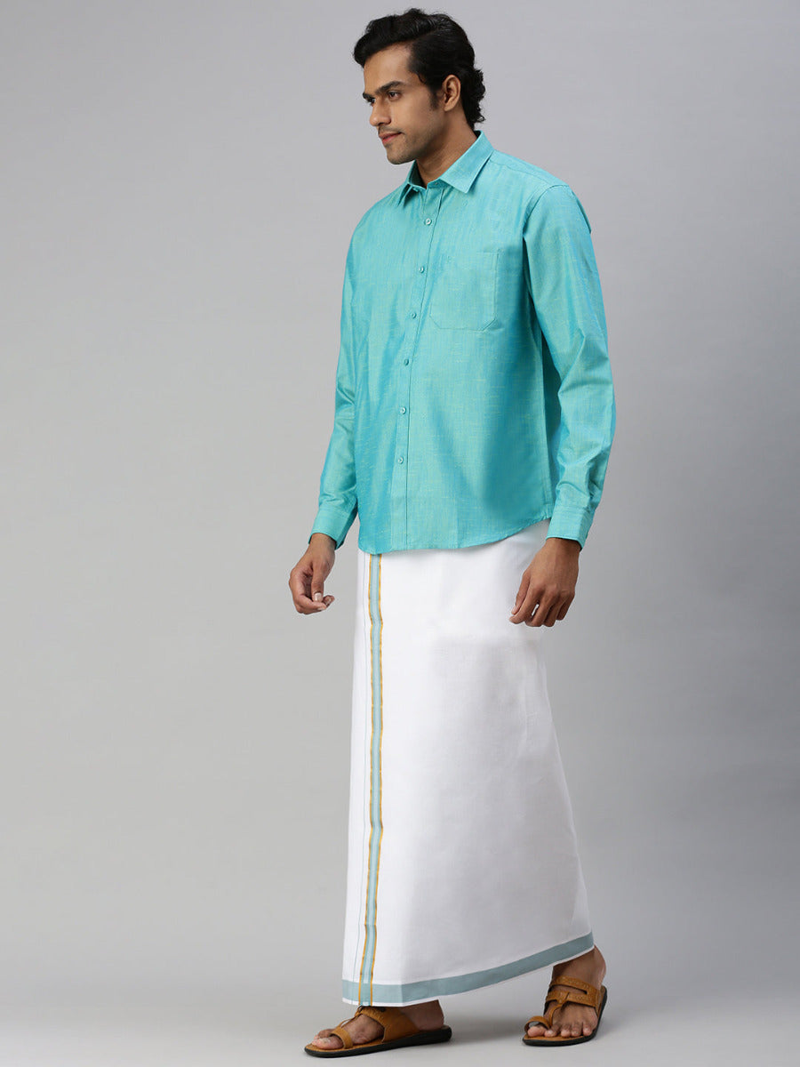 Mens Matching Jari Border Dhoti & Shirt Set Full Sleeve Blue VB8-Side view