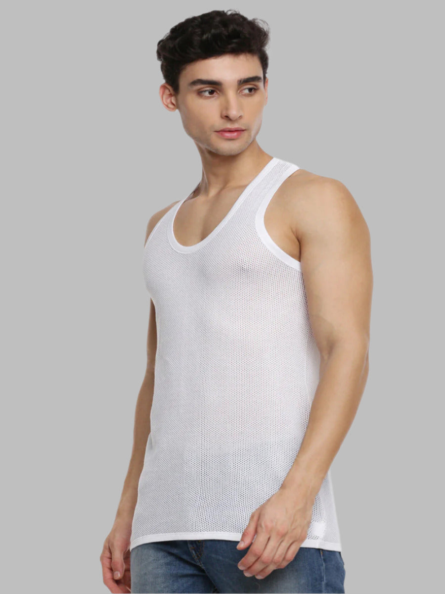 Mens Fine Cotton White Netted Banian Breeze (2 PCs Pack)-Side view