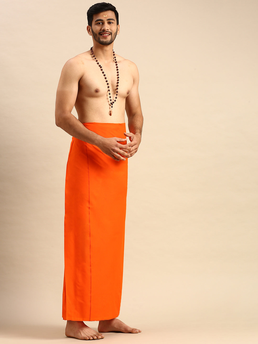 Mens Color Dhoti with Small Border Golden Orange-Side view