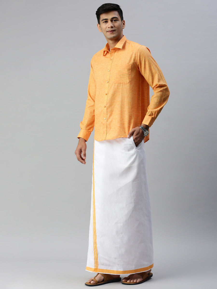 Mens Matching Border Adjustable Dhoti & Full Sleeves Shirt Set Orange CC2-Side view