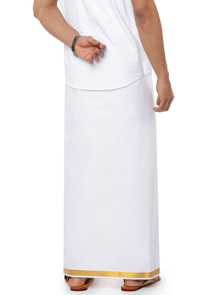 Mens Double Dhoti White with Gold Jari Cherry 3/4"-Back view