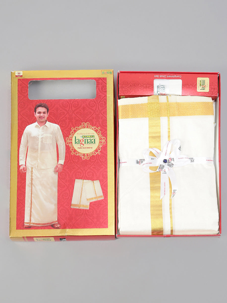 Mens Pure Silk Cream Double Dhoti with 1" Gold Jari Border Upasana-Box view