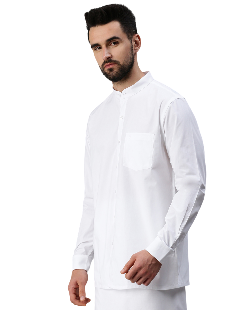 Mens 100% Cotton White Shirt Full Sleeves Chinese Collar-Side view