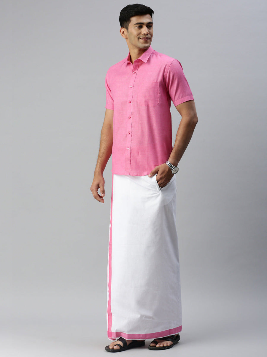 Mens Matching Border Adjustable Dhoti & Half Sleeves Shirt Set Pink CC10-Side view
