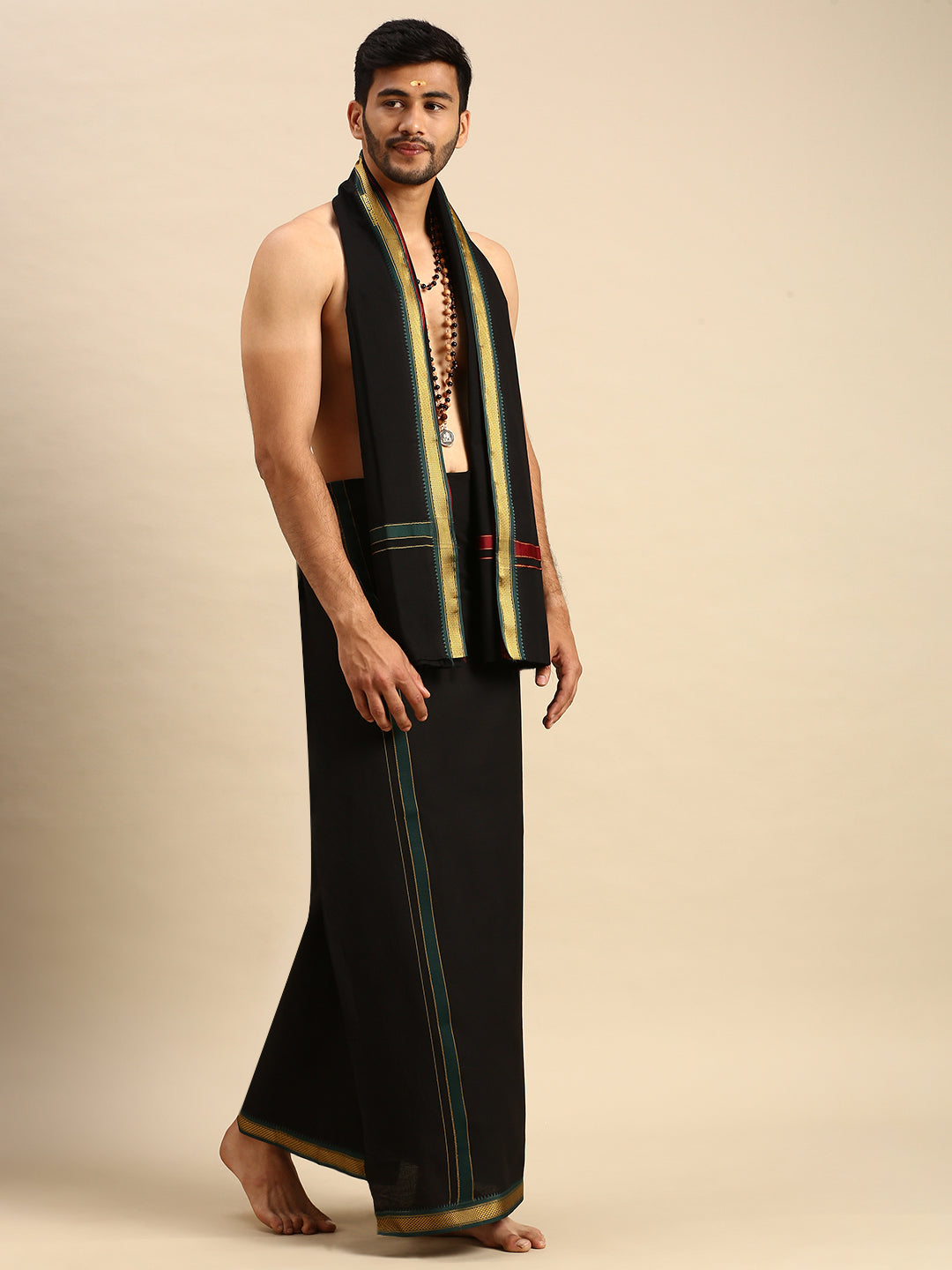 Men 100% Cotton Single Layer Black Dhoti & Towel Set with Mayilkhan Border Brindhavan