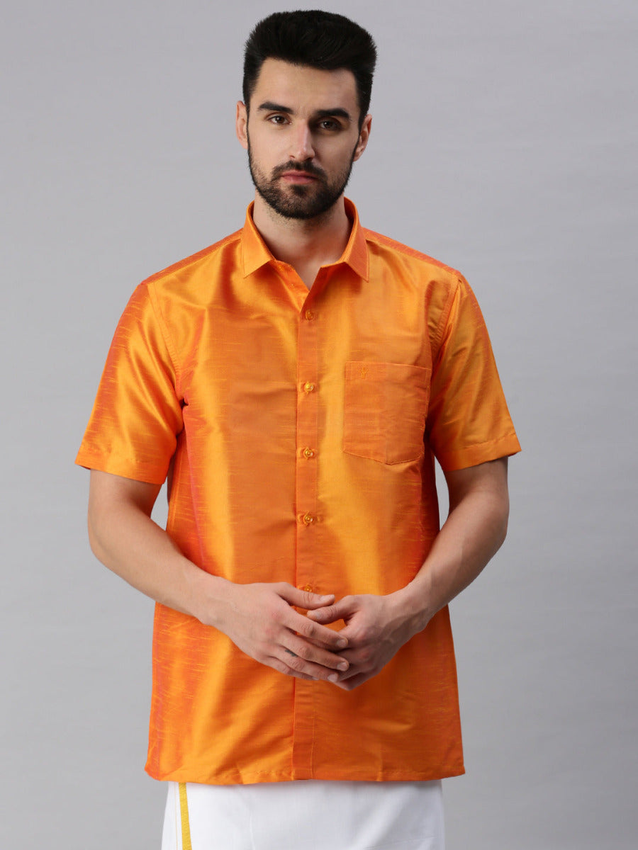 Mens Solid Fancy Half Sleeve Shirt Golden Orange