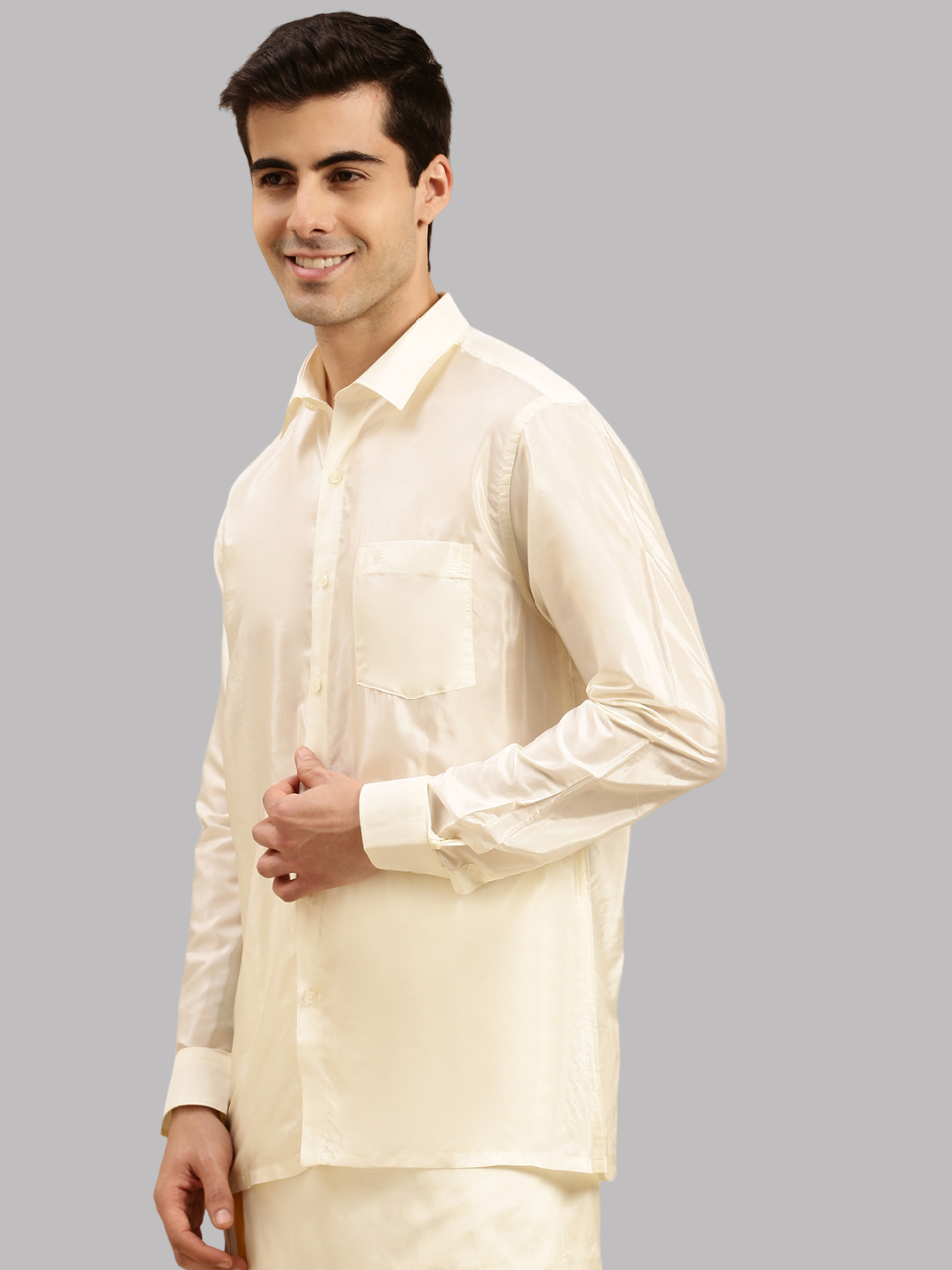 Mens Cream Full Sleeves Shirt with Adjustable Double Dhoti Art Silk Combo-Front view