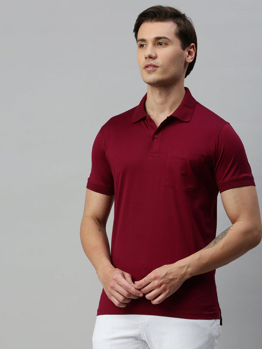 Mercerised Polo Flat Collar T-Shirt Maroon with Chest Pocket MP5-Side view