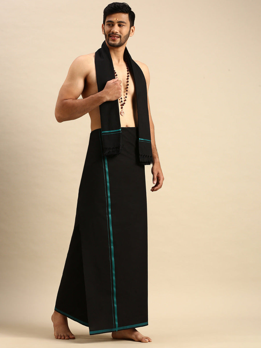Men Devotional Dhoti Shirt & Towel Set Black