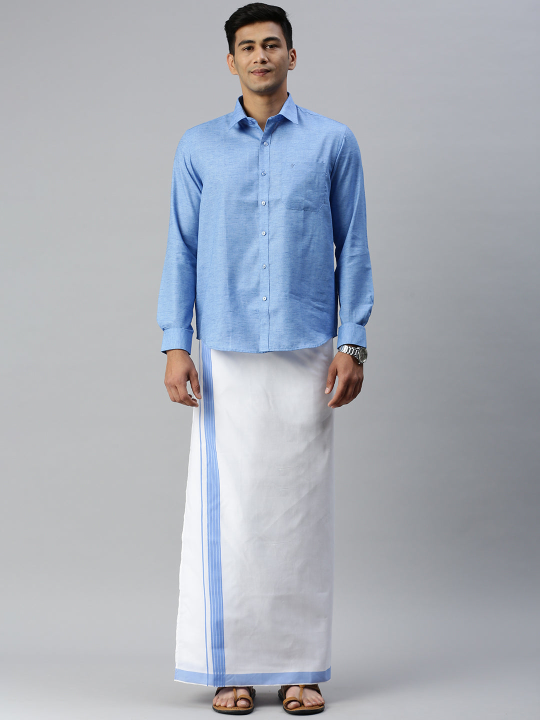 Mens Matching Border Adjustable Dhoti & Full Sleeves Shirt Set Blue CC9
