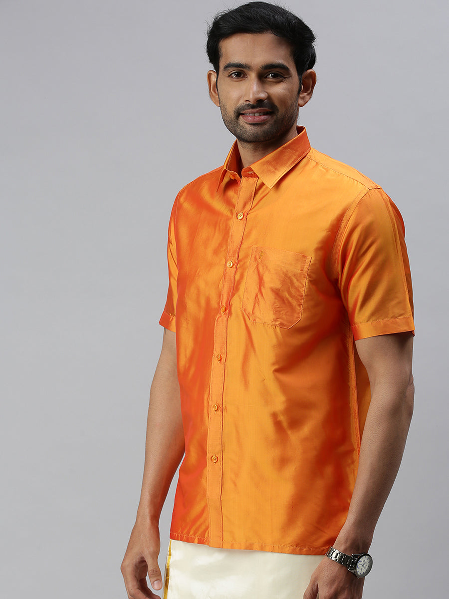 Mens Pure Silk Half Sleeves Shirt Golden Orange-Side view