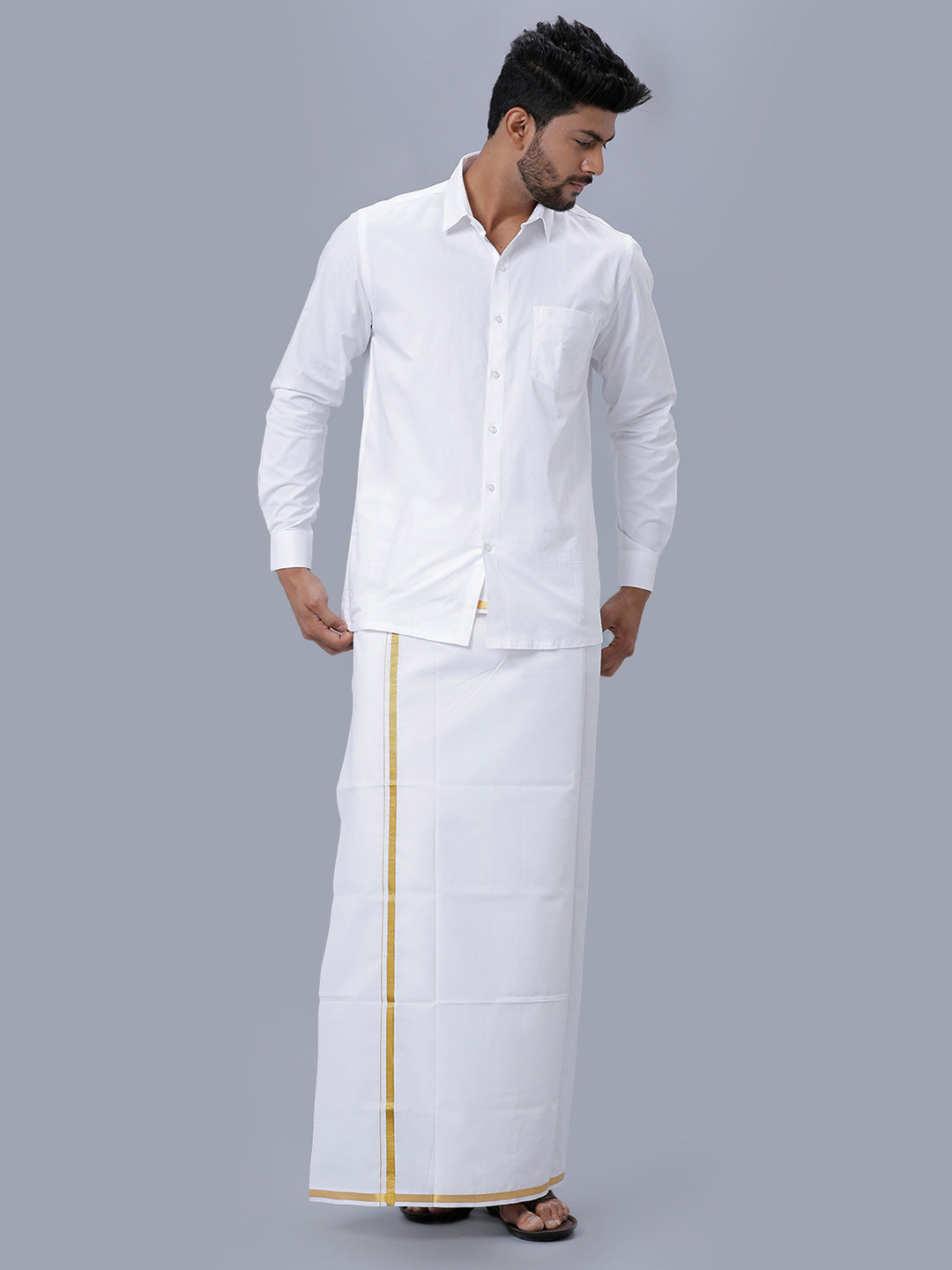 Mens Royal Cotton White Full Sleeves Shirt with 1/2'' Gold Jari Single Dhoti Combo