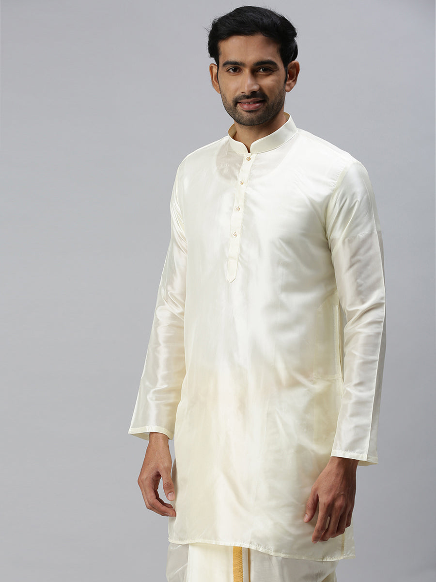 Mens Silk Mixed Medium Length Cream Kurta-Side view