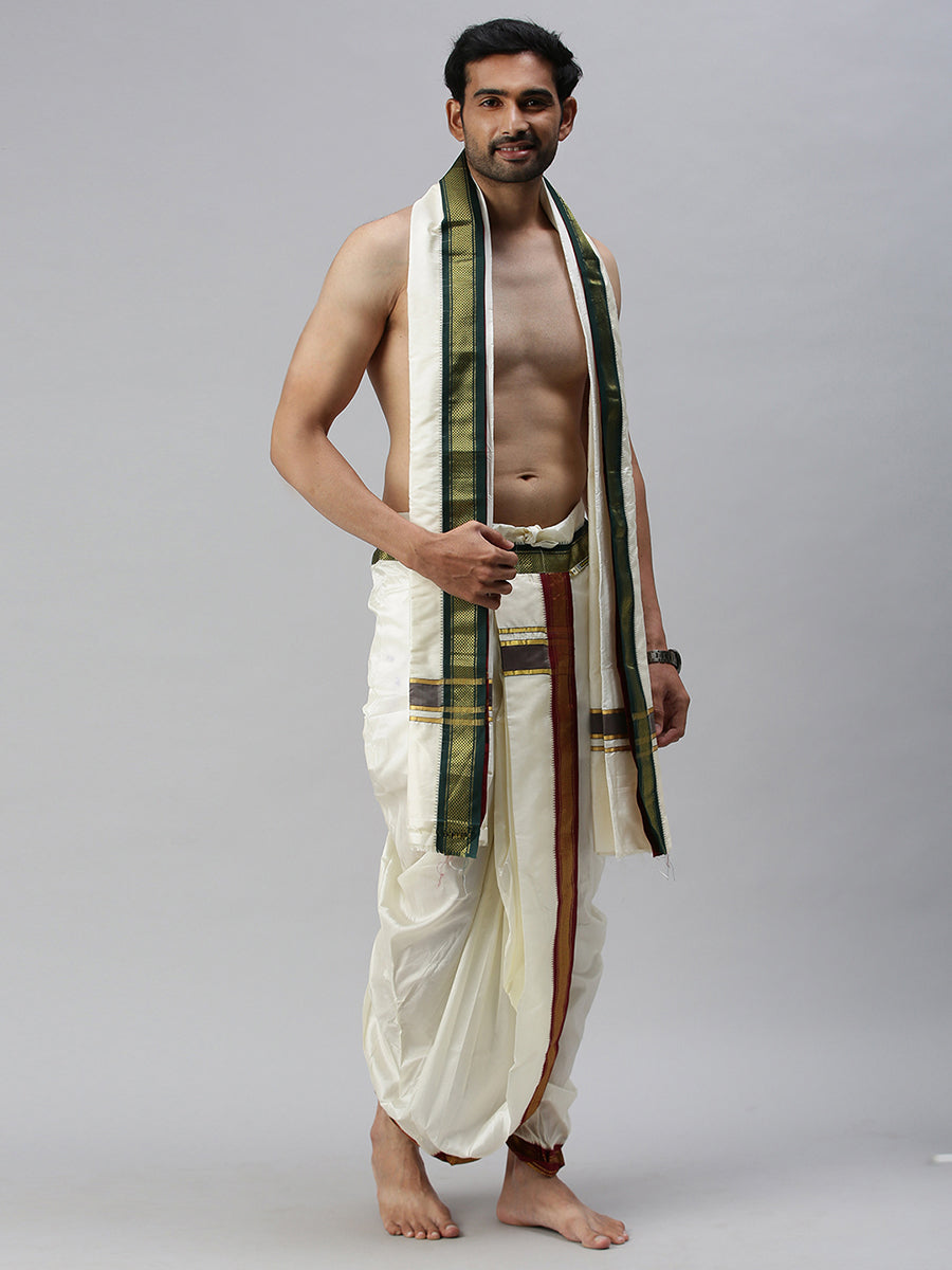 Men Pure Silk 9K Mayilkhan Dhoti & Towel (8+4) Thirukalyan
