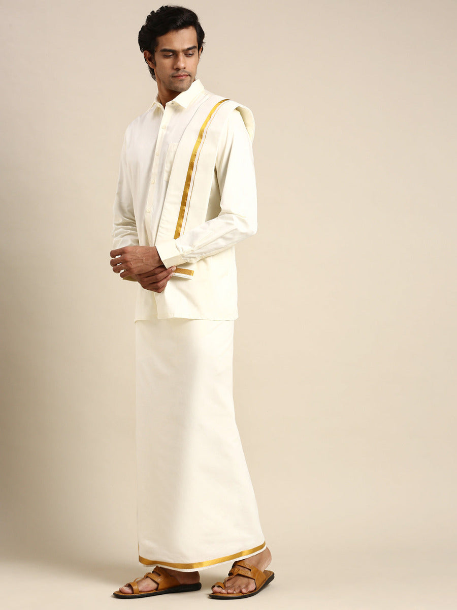 Premium Wedding Cream Adjustable Dhoti,Shirt & Towel Set Genxt Version-Side view