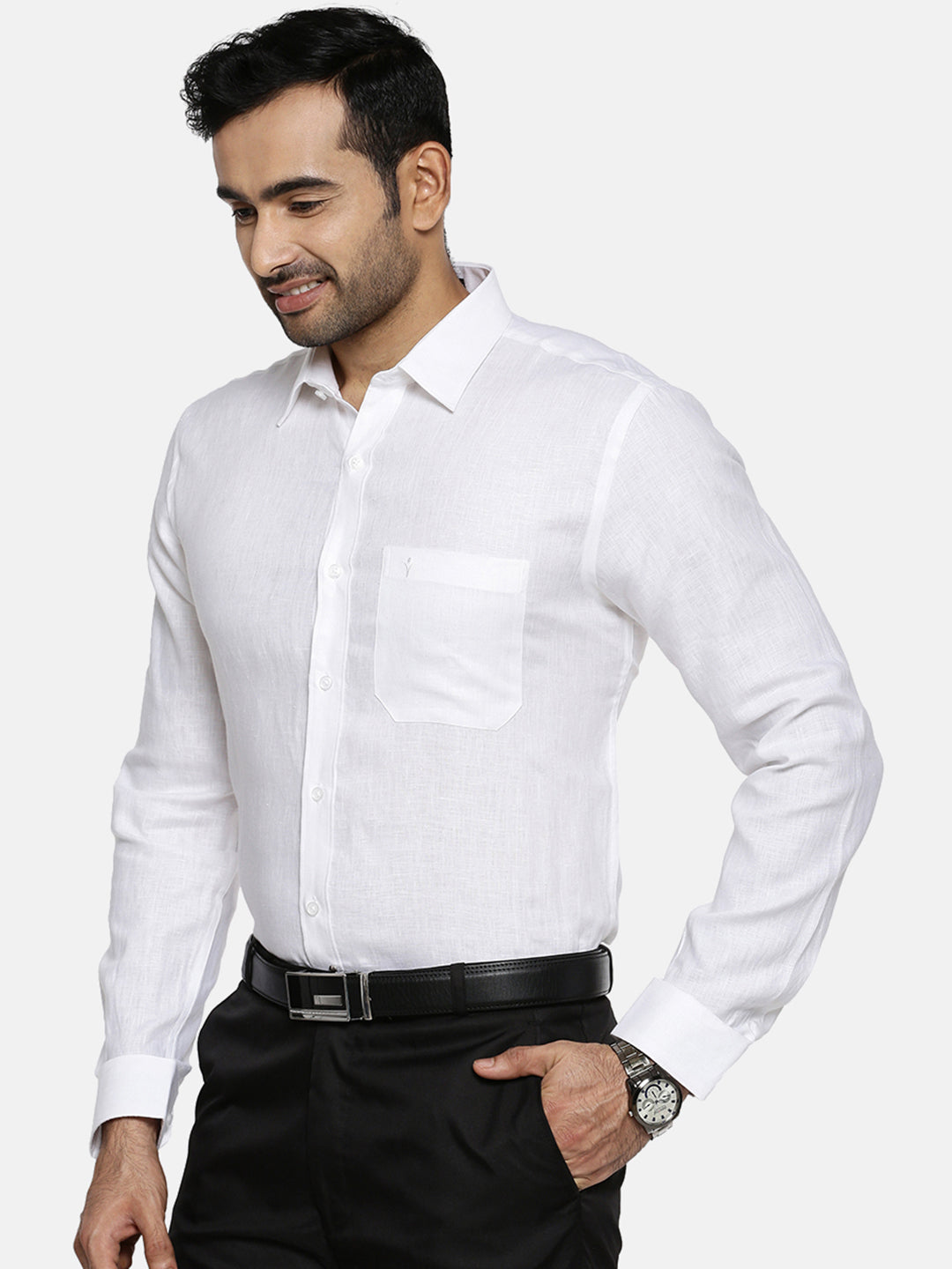 Mens Uniform Pure Linen White Shirt Full Sleeves-Side view