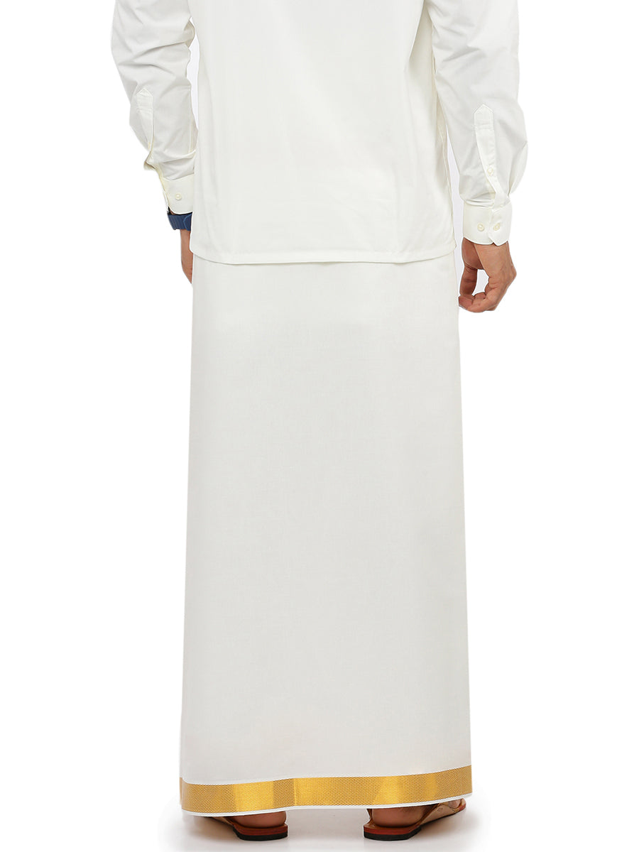 Mens Single Dhoti Cream With Gold Jari 1 1/2" Career (2 PCs Combo)-Back view