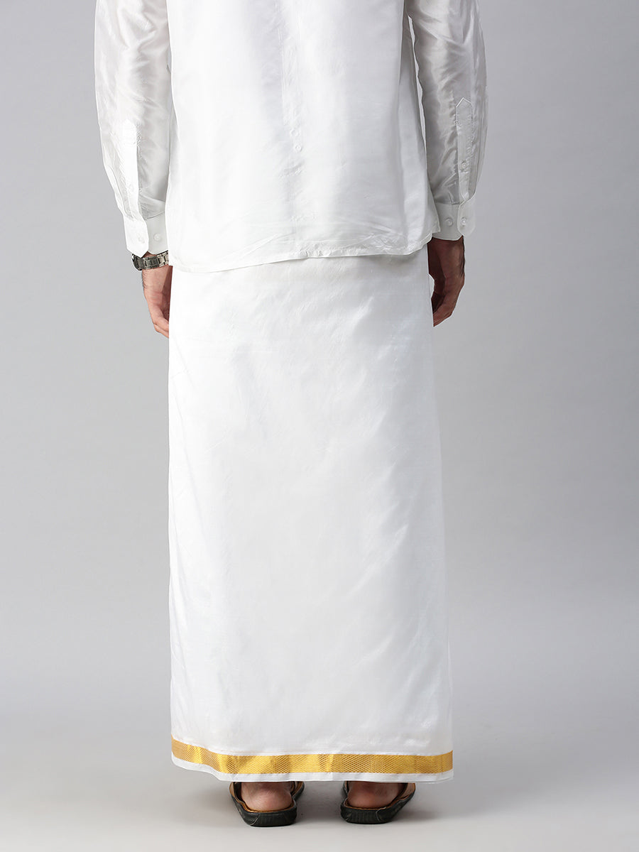 Mens Pure Silk White 3/4" Dhoti & Shirt Bit Purna Mithra-Back view