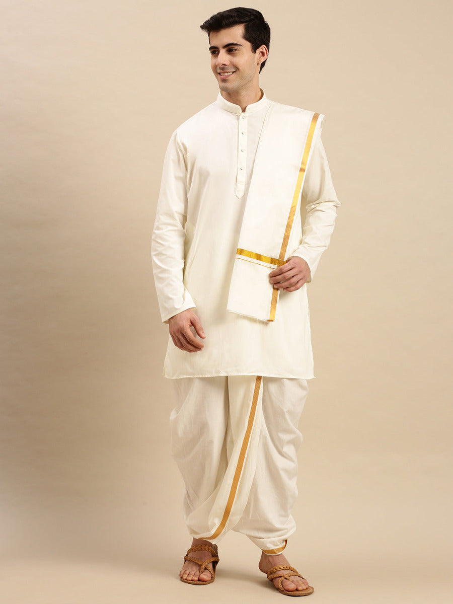 Premium Wedding Cream Readymade Panchakacham,Kurta & Towel Set RP Jari-Front view