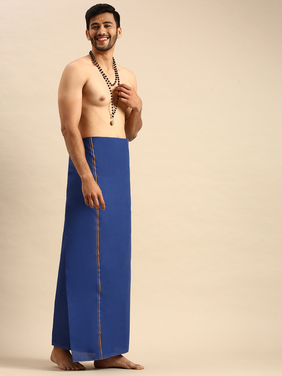 Men 100% Cotton Single Layer Blue Dhoti with Assorted Border Sudhan